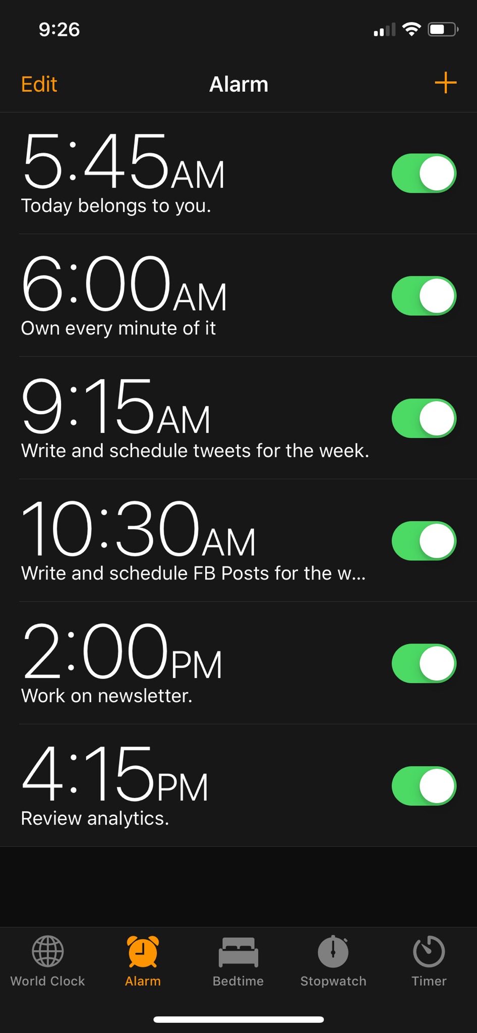 Screenshot of alarms set throughout the day with reminders for specific marketing tasks.