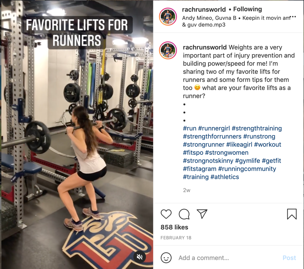 Screenshot of Rachel Johnson's instagram post in which she is doing a video with advice about lifting weights for runners. 