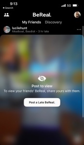 Screenshot of a BeReal "My Friends" Feed with a post by LucileHunt that is just blurry and the words "Post to view. To view your friends' BeReal, share yours with them." and a button link "Post a late BeReal."