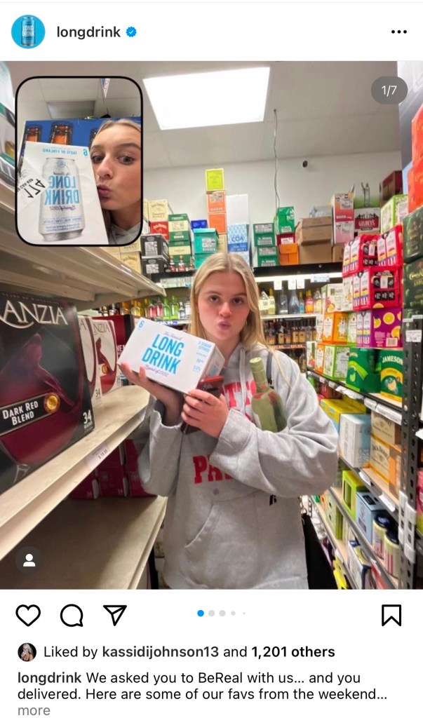 Screenshot of the Long Drink posting to Instagram a repost of someone's BeReal where they are at a store buying Long Drinks.