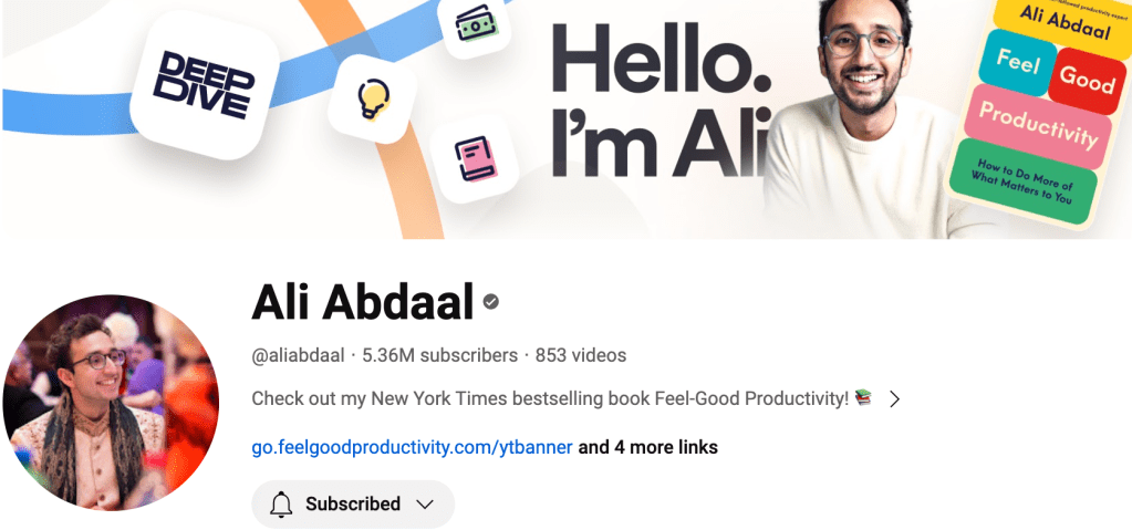Screenshot of Ali Abdaal's YouTube page from March 27, 2024.