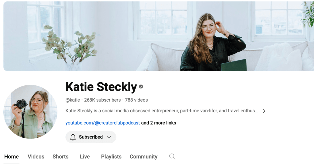 Screenshot of Katie Steckley's YouTube page from March 27, 2024.