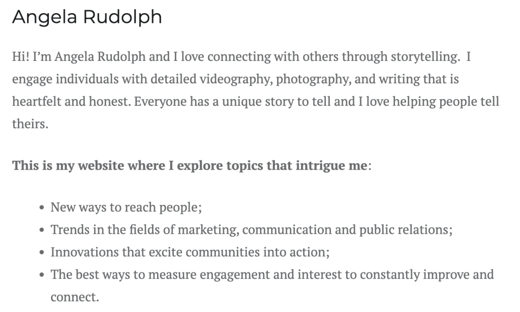Screenshot of Angela's about me page and statements.
